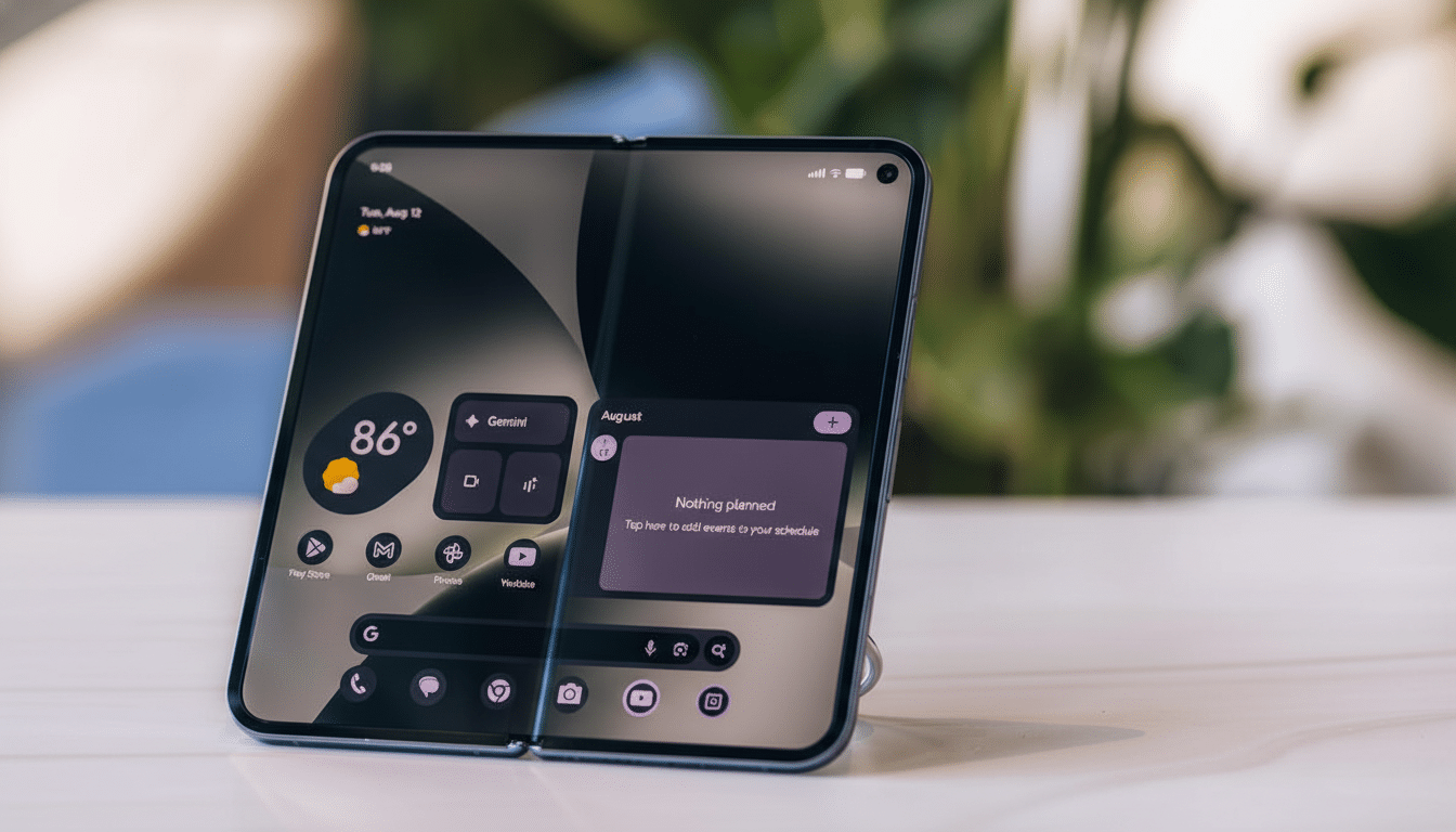 A modern foldable smartphone displayed on a white surface , showing a home screen with widgets and app icons, against a softly blurred background.