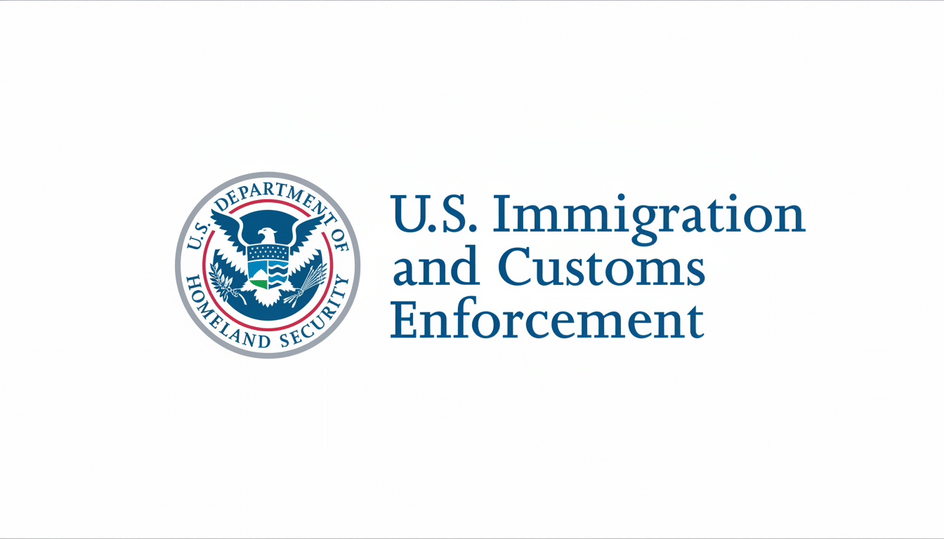 The official logo and text for U .S. Immigration and Customs Enforcement ( ICE) on a white background, professionally resized to a 16:9 aspect ratio.