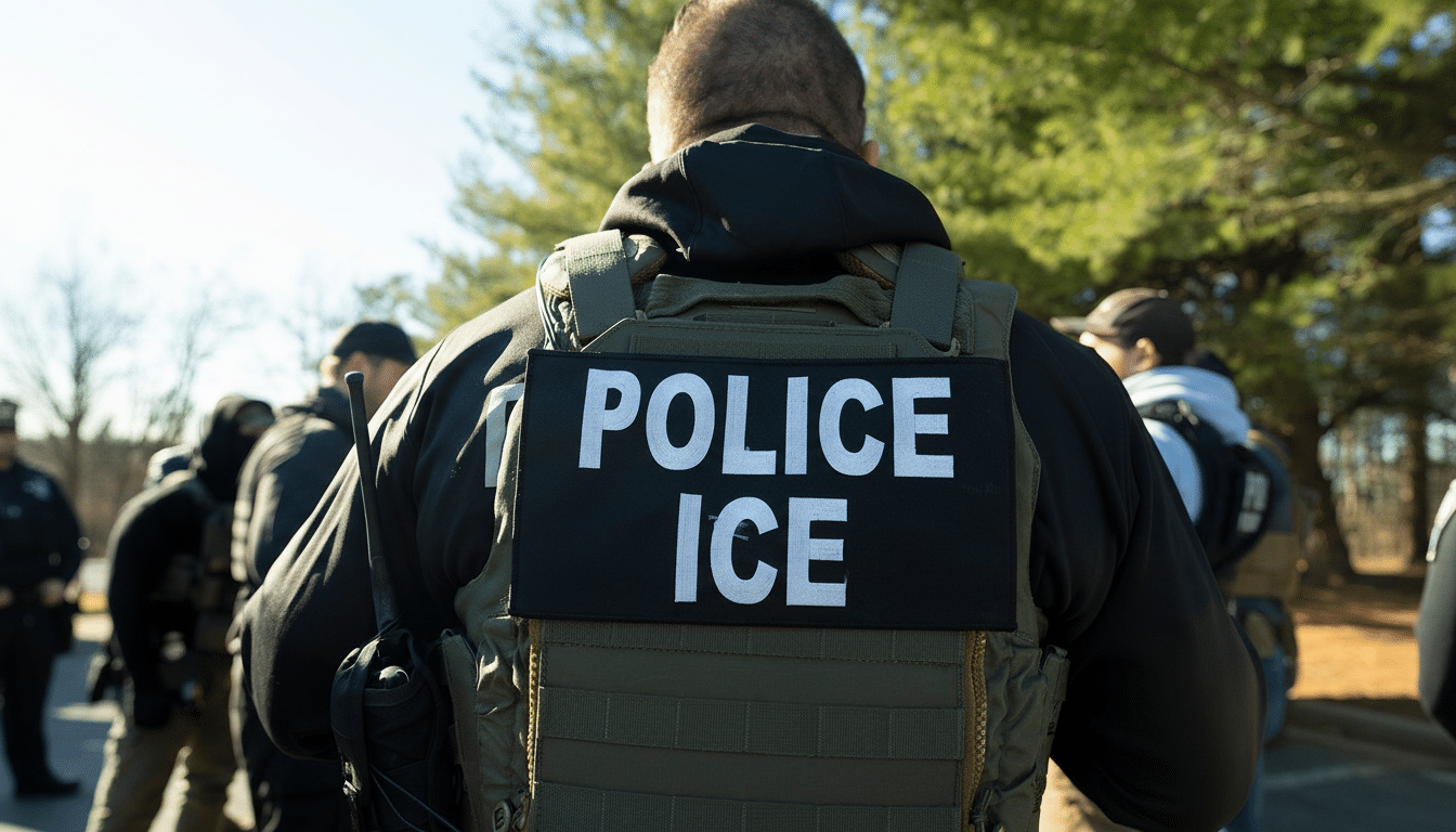 Rear view of a person wearing a tactical vest with POL ICE ICE patches , standing outdoors with trees in the background. Filename : policeice vest. png