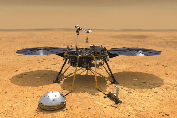 The In Sight lander on the surface of Mars, with its solar panels deployed and instruments placed on the ground , against a Martian landscape. Filename : insightlander mars 16x 9.png