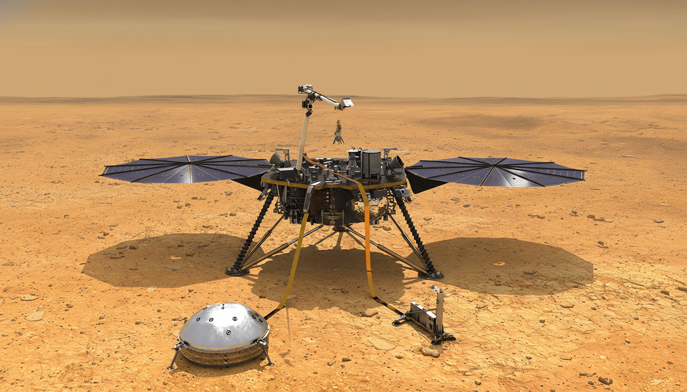 The In Sight lander on the surface of Mars, with its solar panels deployed and instruments placed on the ground , against a Martian landscape. Filename : insightlander mars 16x 9.png