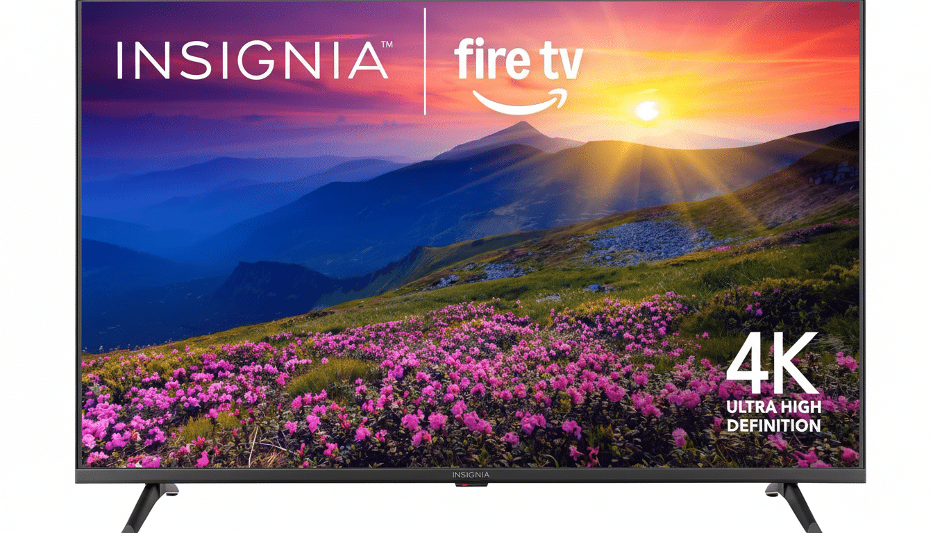 An Ins ignia 4 K Ultra High Definition Fire TV with a vibrant landscape display , resized to a 1 6:9 aspect ratio and professionally enhanced.