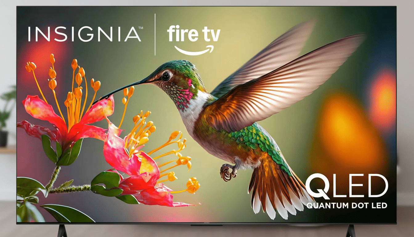 An Ins ignia Fire TV QLED television displaying a vibrant image of a hummingbird next to red and yellow flowers.