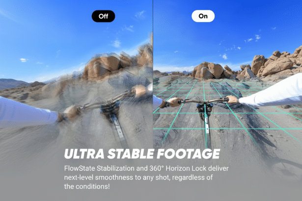 A split image showing the Off and On states of ULT RA STABLE FOOT AGE featuring a person riding a mountain bike over a rocky, desert terrain . The Off side is blurry and unst abil ized, while the On side is clear and stabilized with a grid overlay. The overall aspect ratio has been adjusted to 16:9 , preserving the original background.