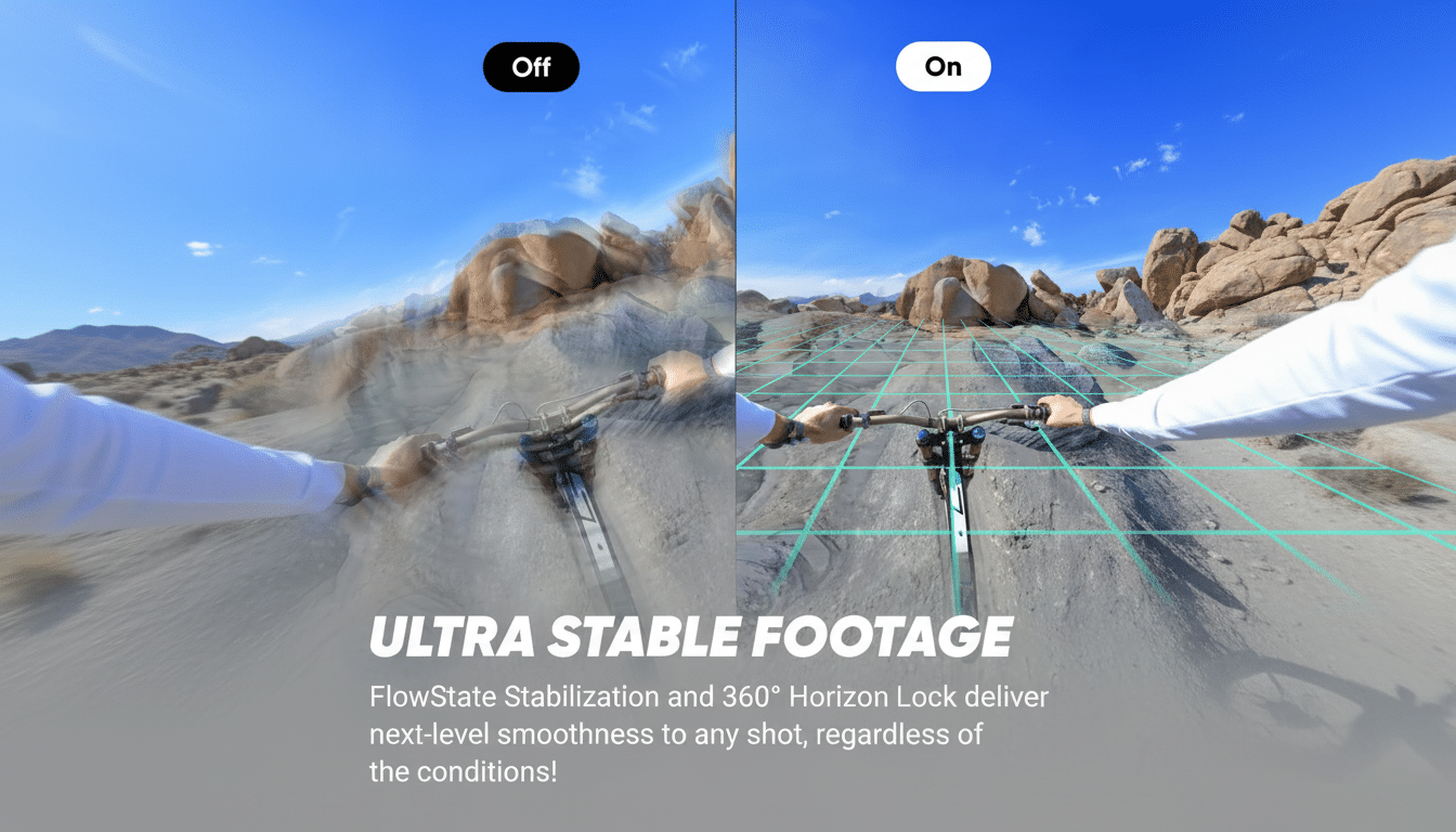 A split image showing the Off and On states of ULT RA STABLE FOOT AGE featuring a person riding a mountain bike over a rocky, desert terrain . The Off side is blurry and unst abil ized, while the On side is clear and stabilized with a grid overlay. The overall aspect ratio has been adjusted to 16:9 , preserving the original background.