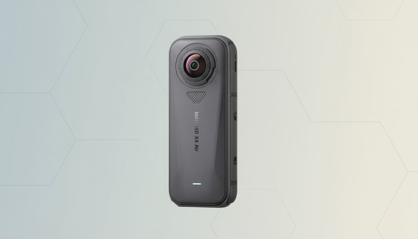 A dark gray Insta360 X4 Air camera is centered on a professional flat design background with soft geometric patterns and a subtle gradient.