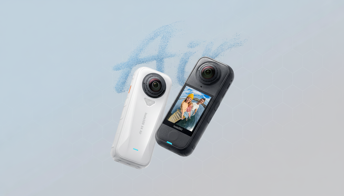 Two Insta360 X4 Air cameras, one white and one black, are displayed against a professional flat design background with soft patterns and gradients.
