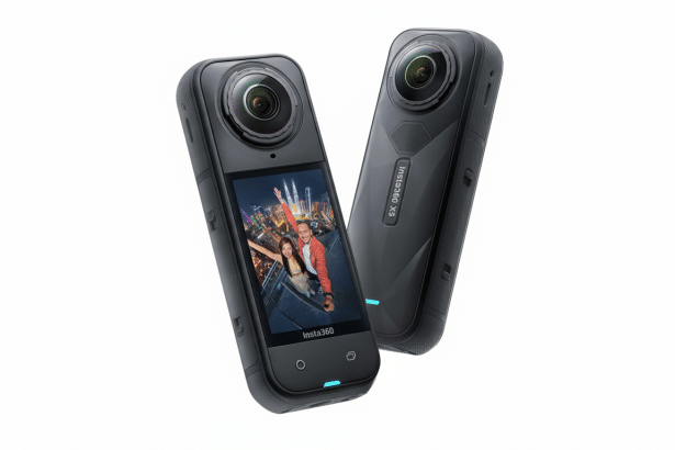 Two black Insta36 0 X3 cameras are shown, one displaying a selfie of two people on its screen, set against a plain white background. Filename : insta36 0x3 cameras.png
