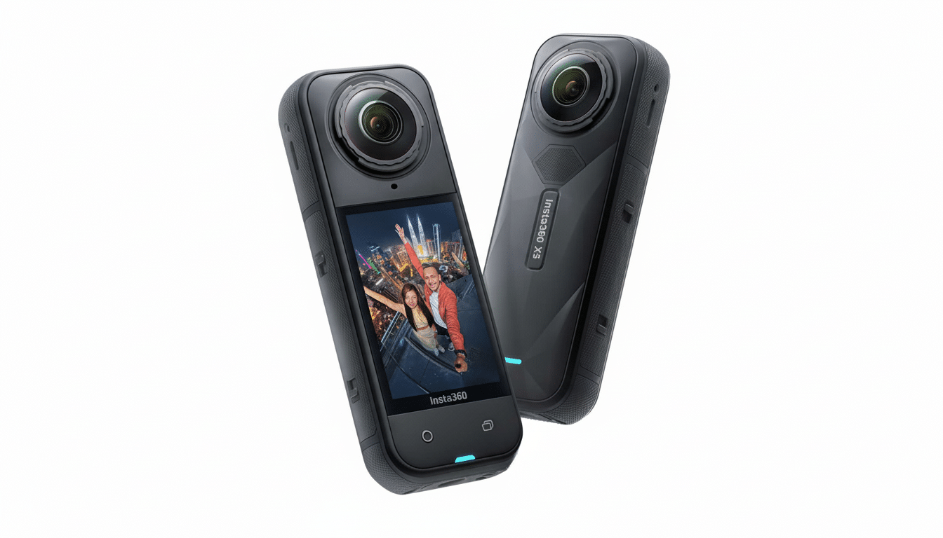 Two black Insta36 0 X3 cameras are shown, one displaying a selfie of two people on its screen, set against a plain white background. Filename : insta36 0x3 cameras.png