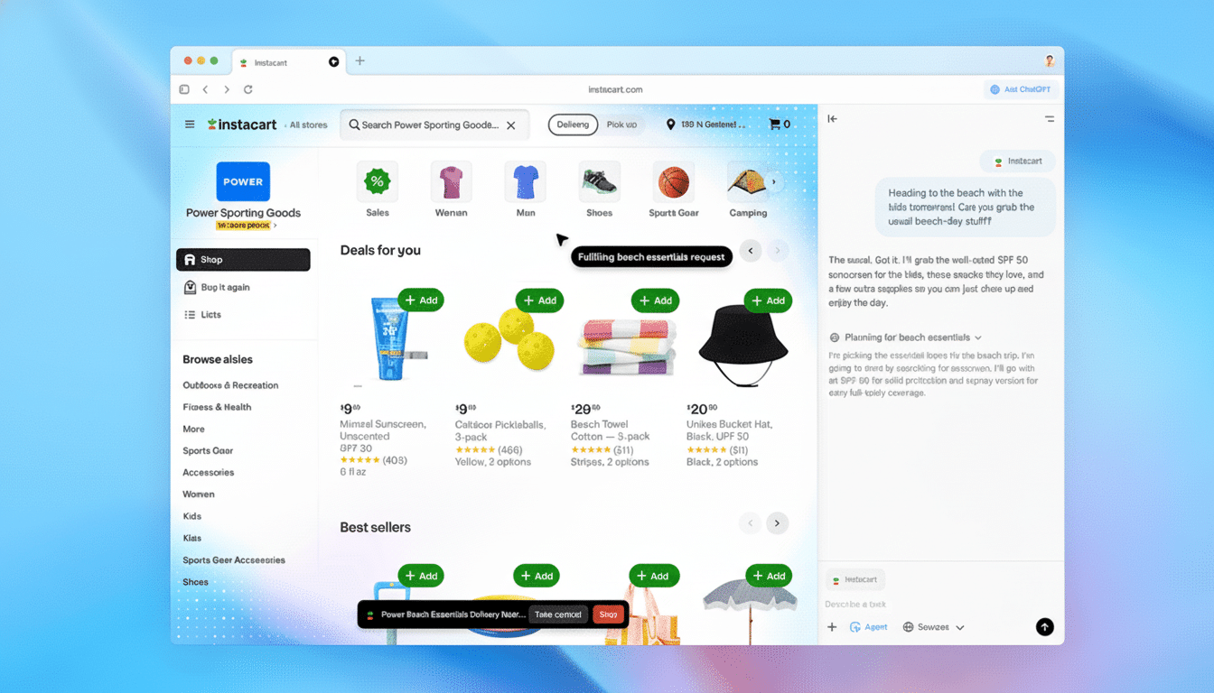 Inst acart web application showing  De als for you for beach essentials like sunscreen, pickleballs , beach towels, and a bucket hat, with a chat interface on the right.