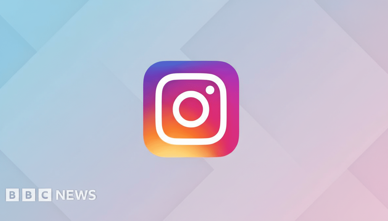 The Instagram app icon , featuring a white camera outline and a white circle, set against a vibrant gradient background of purple , pink , orange, and yellow. The icon is centered on a professional flat design background with soft geometric patterns and a gradient from light blue to soft pink. The BBC News logo is in the bottom left corner .