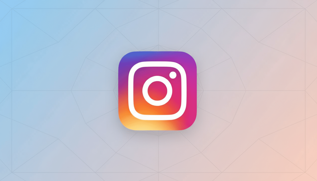 The Instagram app icon, featuring a white camera outline on a gradient background of purple , pink, and orange, centered on a professional flat design background with soft geometric patterns and a gradient from light blue to peach .