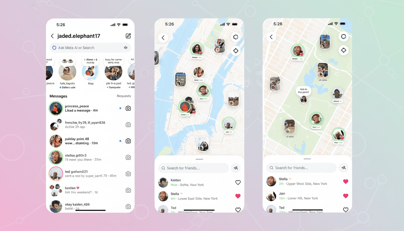 A professional presentation of three mobile phone screens displaying an Instagram-like application. The screens show a direct message inbox, a map int