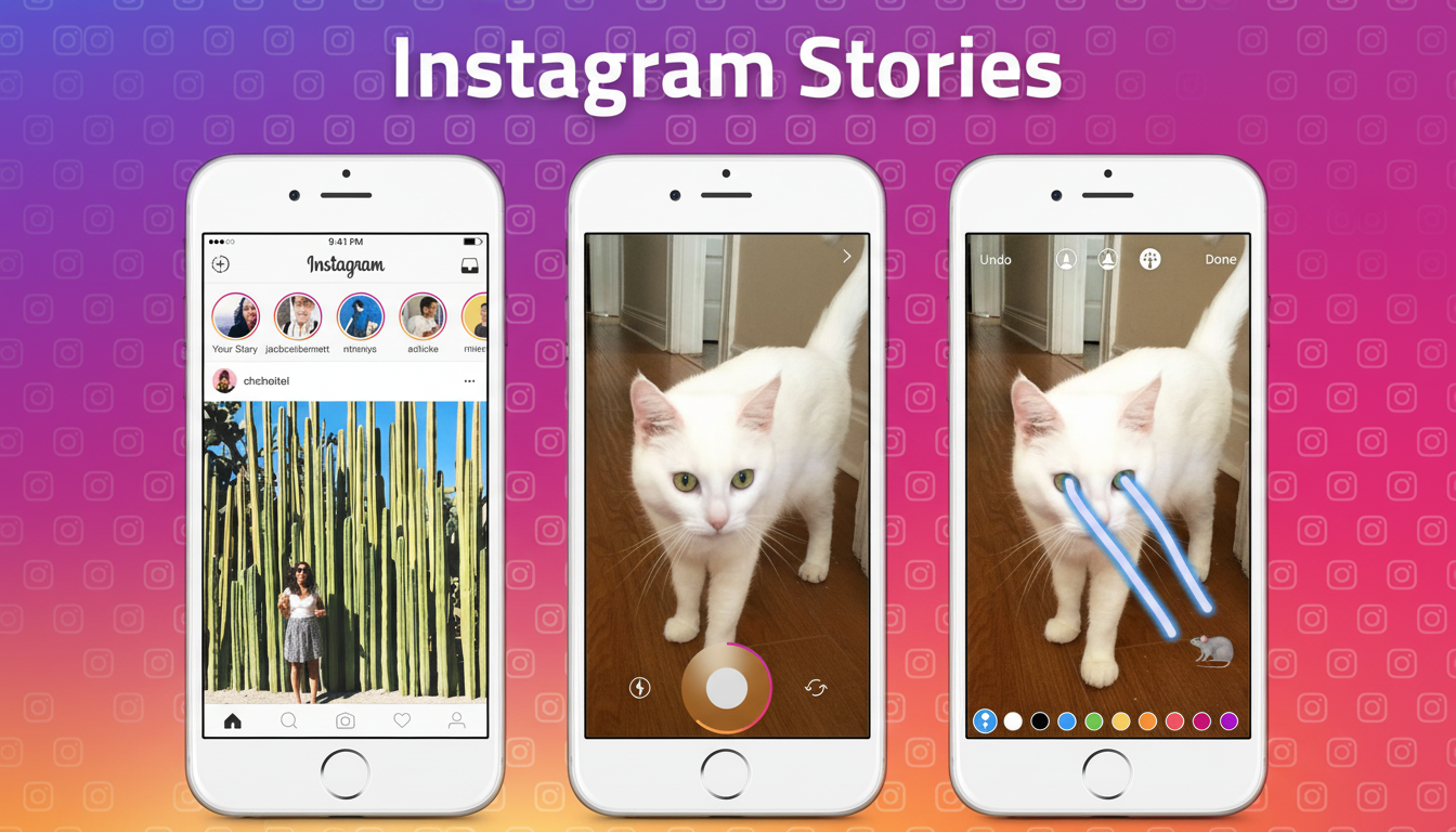 A 16:9 aspect ratio image showcasing three iPhone screens displaying Instagram Stories features, including a users feed, a cat in camera mode, and a cat with laser eyes in editing mode, all against a vibrant, patterned background.