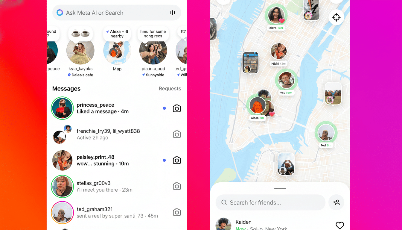 Two mobile app screens, one showing messages and the other a map with user locations, against a vibrant orange and pink gradient background.