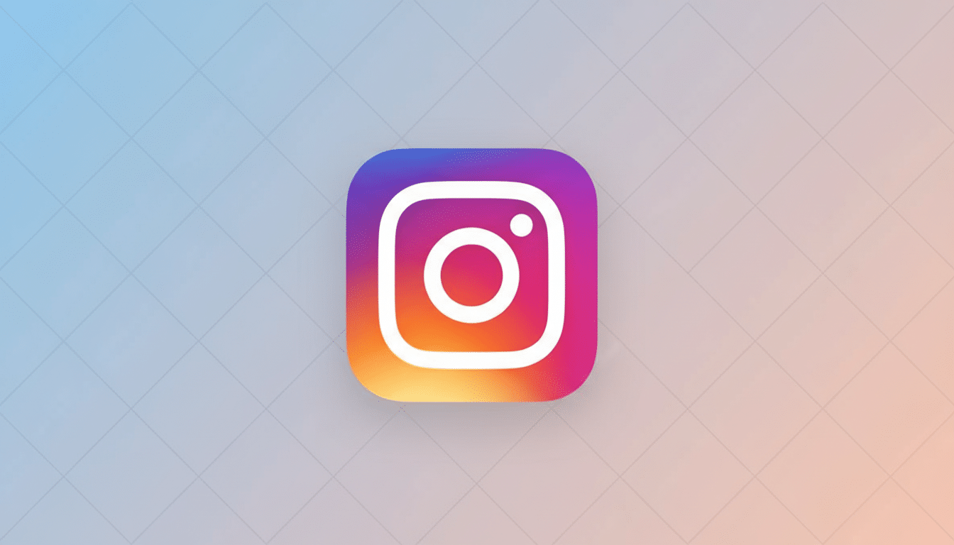 The Instagram app icon, featuring a white camera outline on a gradient background of purple , pink, orange , and yellow , centered on a light blue and peach gradient background with a subtle grid pattern.