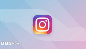 The Instagram app icon , featuring a white camera outline on a gradient background of purple , pink , orange, and yellow, centered on a light blue and purple gradient background with subtle wave patterns. The BBC News logo is in the bottom left corner .
