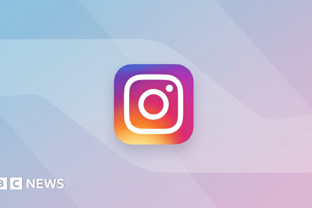 The Instagram app icon , featuring a white camera outline on a gradient background of purple , pink , orange, and yellow, centered on a light blue and purple gradient background with subtle wave patterns. The BBC News logo is in the bottom left corner .