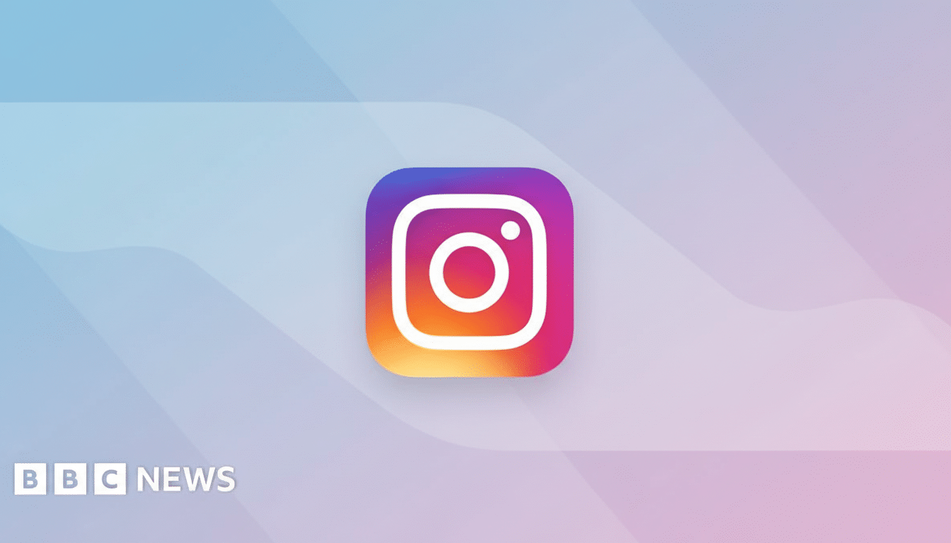 The Instagram app icon , featuring a white camera outline on a gradient background of purple , pink , orange, and yellow, centered on a light blue and purple gradient background with subtle wave patterns. The BBC News logo is in the bottom left corner .