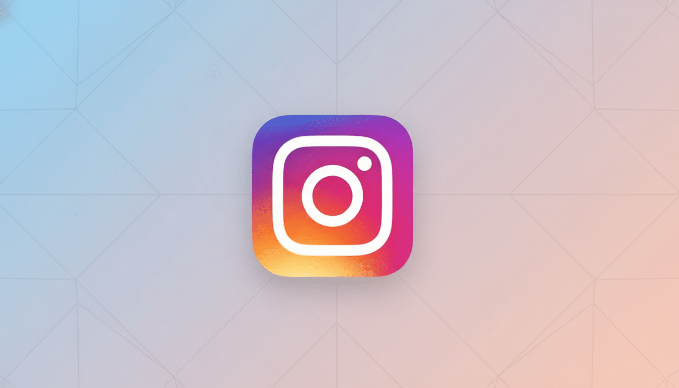 The Instagram logo, a white camera icon on a gradient background of purple, pink, and orange, against a professional flat design background with soft