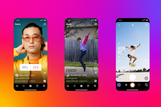 Three mobile phones displaying Instagram Reels, showcasing different users and content. The leftmost phone shows a man in orange glasses , the middle shows a person jumping in a suburban setting , and the right most shows a person jumping with a skateboard .