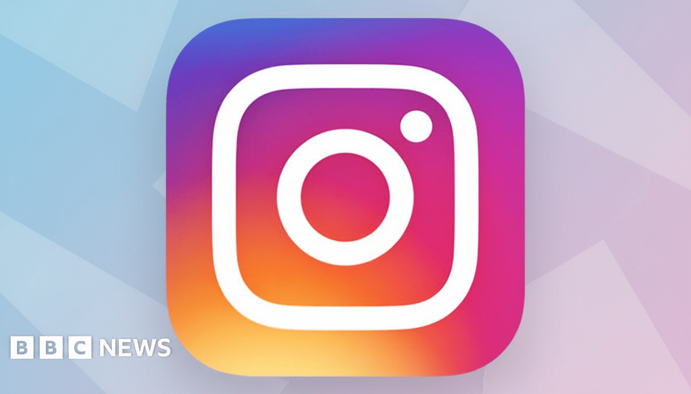 The Instagram app icon, featuring a white camera outline on a gradient background of purple , pink , orange, and yellow. The BBC News logo is in the bottom left corner .