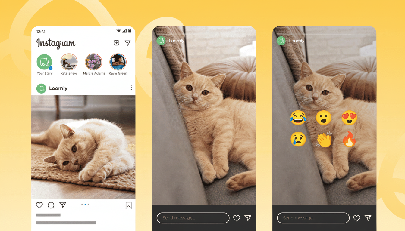 A professional enhancement of the original image, resized to a 16:9 aspect ratio. The image displays three mobile phone screens showing Instagram content featuring a cat. The background remains unchanged, maintaining the original context while presenting a clean and professional appearance.