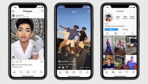 Three smartphones displaying Instagram app screens , featuring posts from Bretman Rock , a dance video from ghe ttotwins, and Trevor Bell 's profile page .