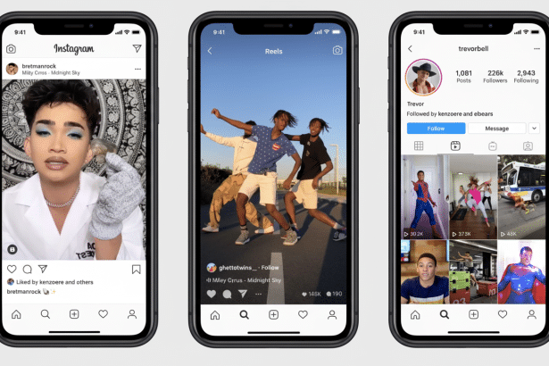 Three smartphones displaying Instagram app screens , featuring posts from Bretman Rock , a dance video from ghe ttotwins, and Trevor Bell 's profile page .