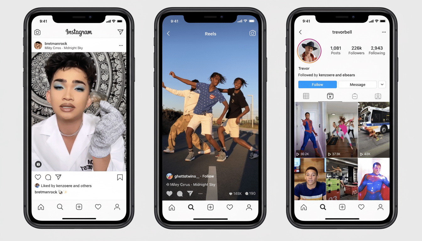 Three smartphones displaying Instagram app screens , featuring posts from Bretman Rock , a dance video from ghe ttotwins, and Trevor Bell 's profile page .