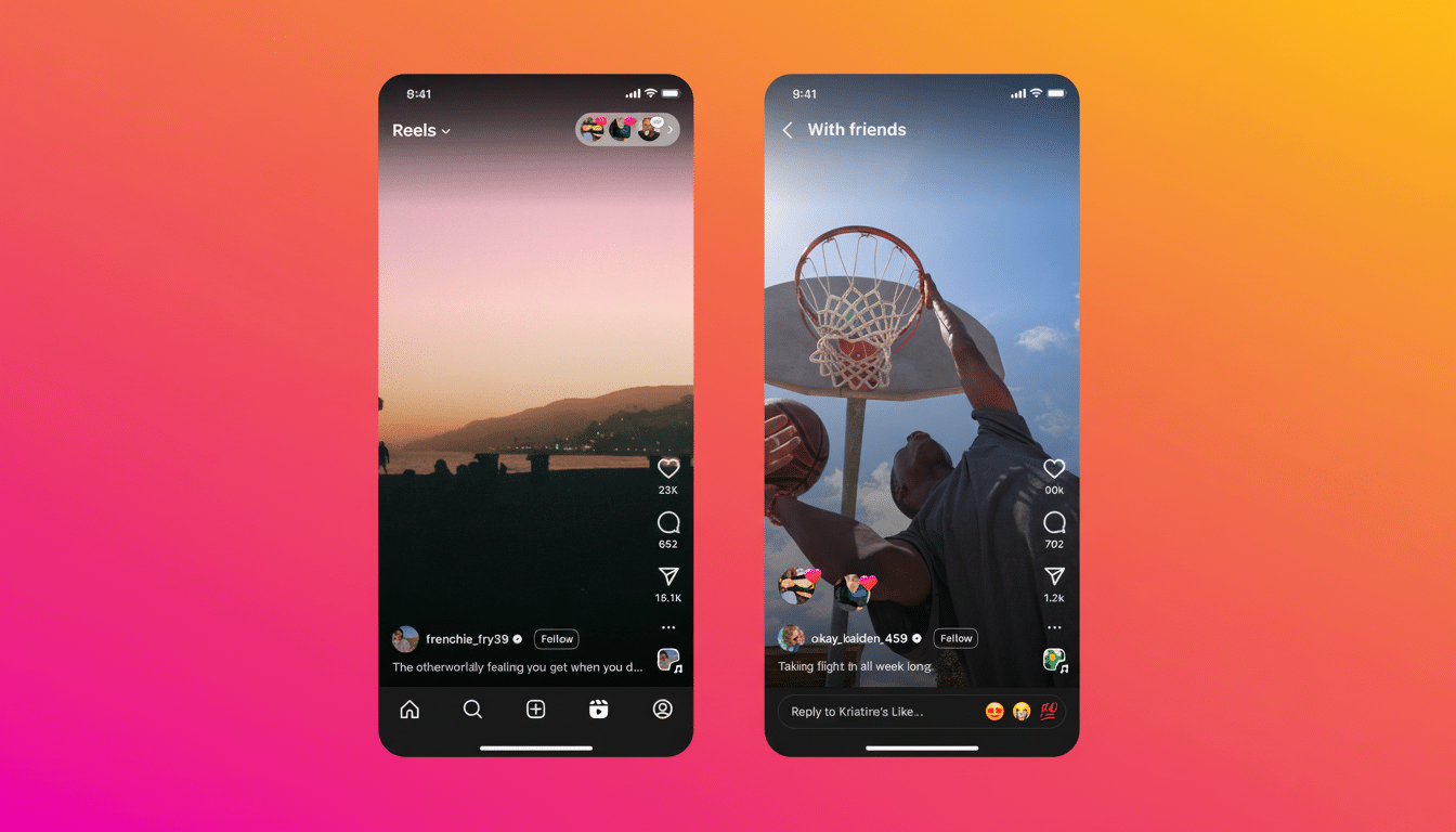 A professional , enhanced image of two smartphone screens side -by-side , displaying Instagram Reels content . The left screen shows a scenic sunset view , while the right screen displays a person playing basketball. The background is a vibrant gradient of red and orange.