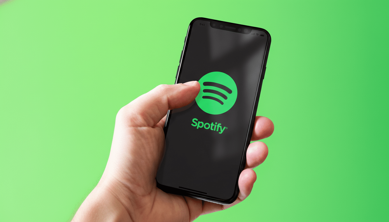 A hand holding a smartphone displaying the Spotify logo and name on a vibrant green background, resized to a 16: 9 aspect ratio.