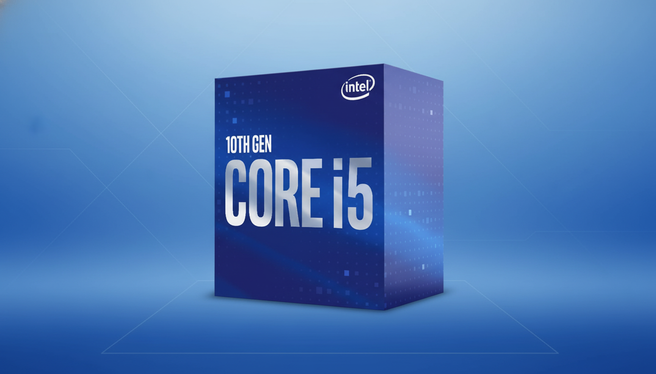 Intel 10th Gen Core i5 processor box with a professional blue gradient background and subtle square patterns.