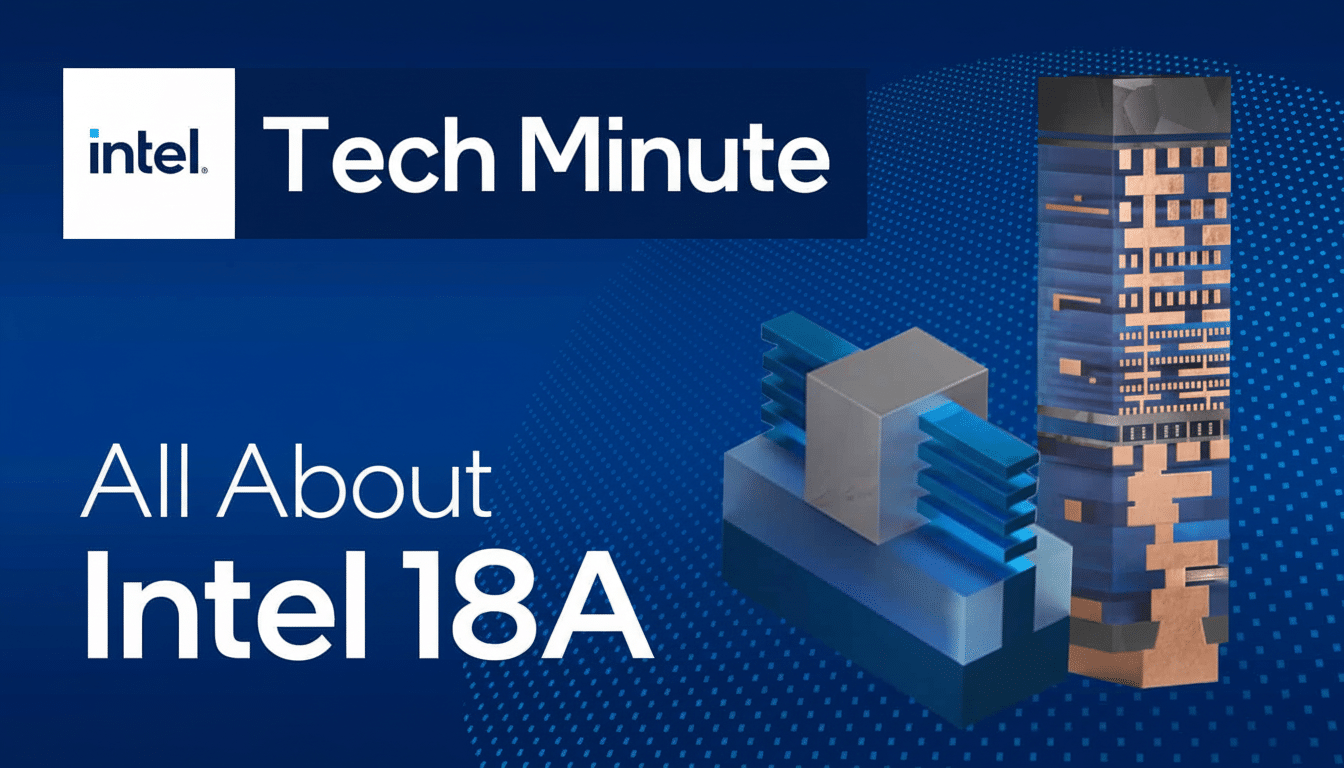 A professional graphic for Intel Tech Minute titled All About Intel 18 A, featuring abstract representations of processor architecture against a blue background.