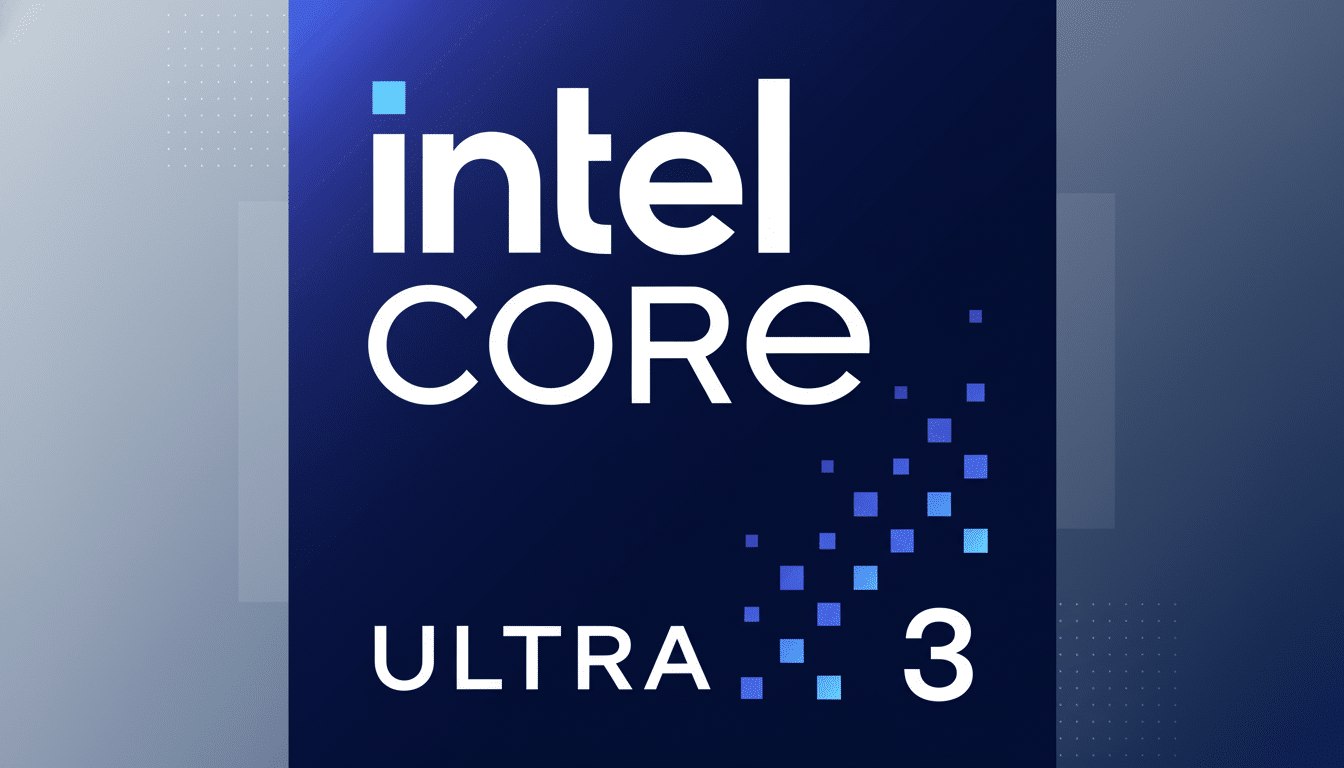The Intel Core Ultra 3 logo on a clean, professional blue gradient background with subtle square patterns, resized to a 16:9 aspect ratio.