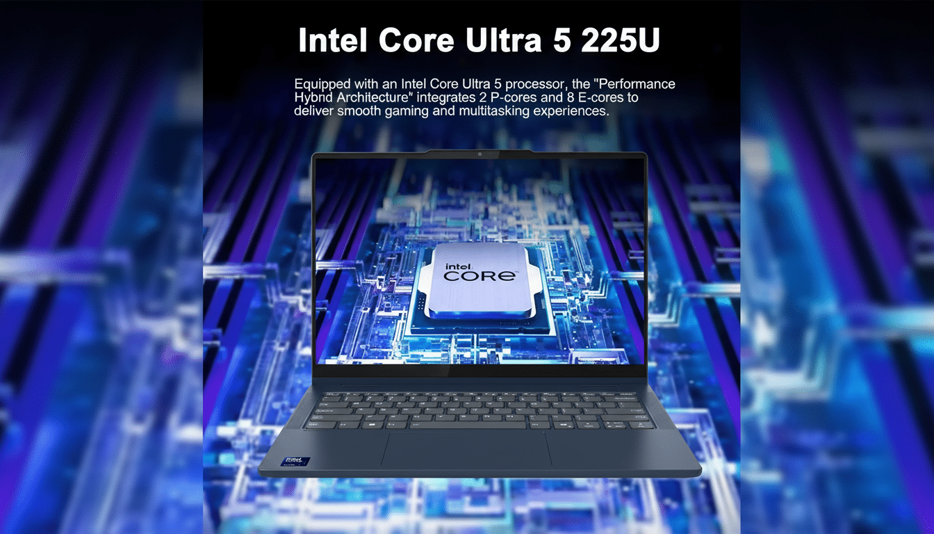 A dark blue laptop showcasing the Intel Core Ultra 5 22 5U processor on its screen, set against a blurred background of blue circuit patterns.