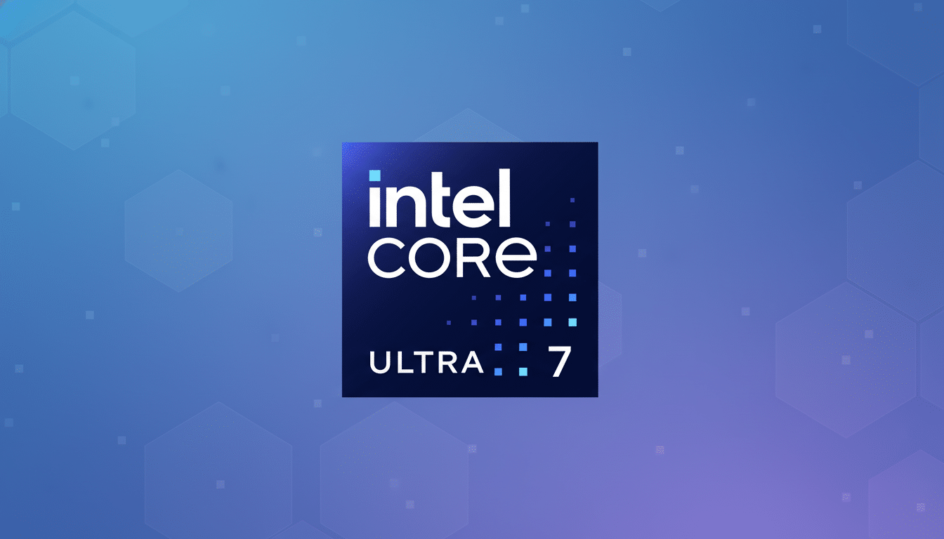 Intel Core Ultra 7 logo on a professional blue and purple gradient background with subtle hexagonal patterns.