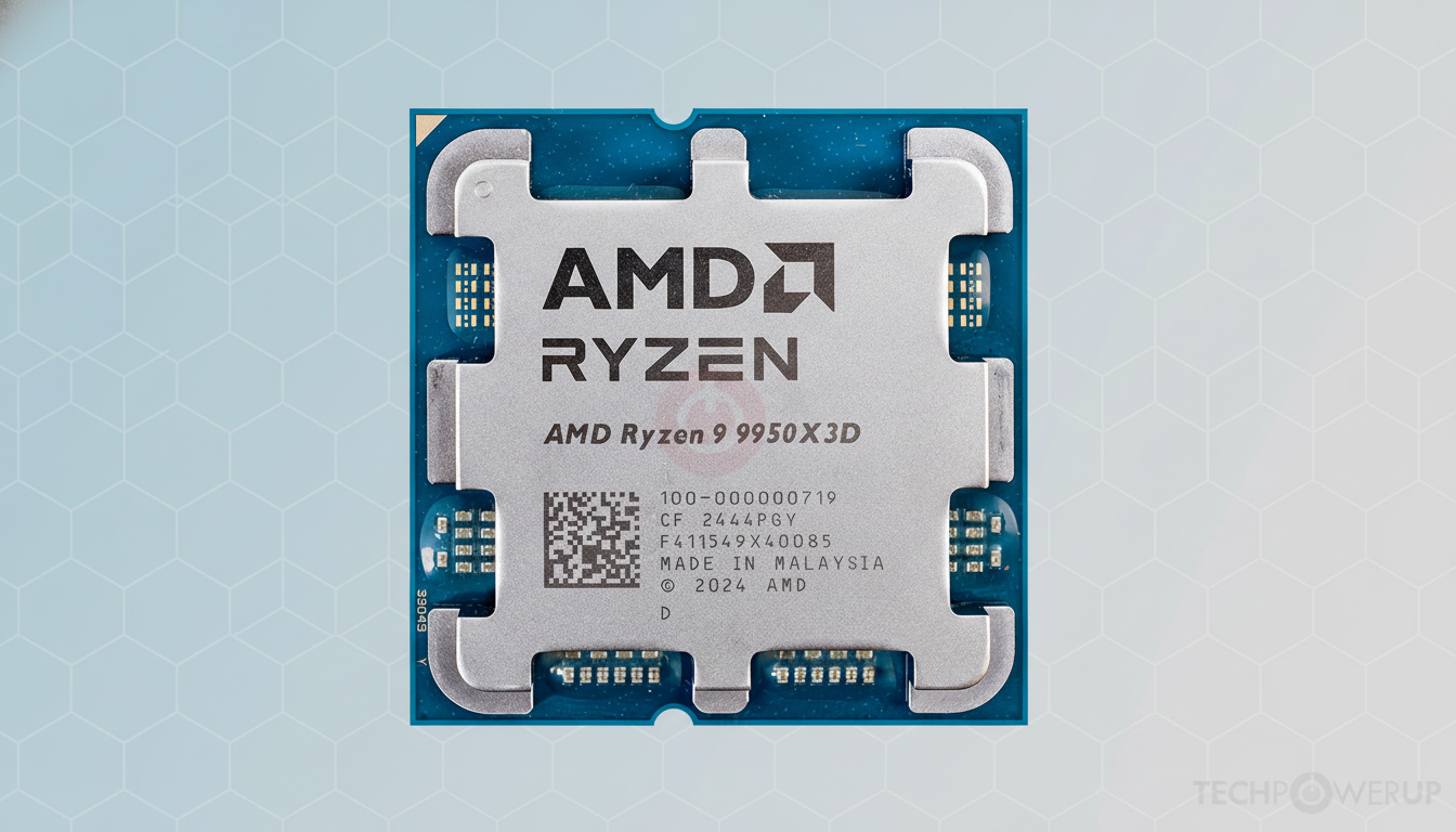 A top-down view of an AMD Ryzen 9 9950X3D processor, featuring a silver heat spreader with the AMD Ryzen logo and product information, set against a professional flat design background with a subtle geometric pattern.