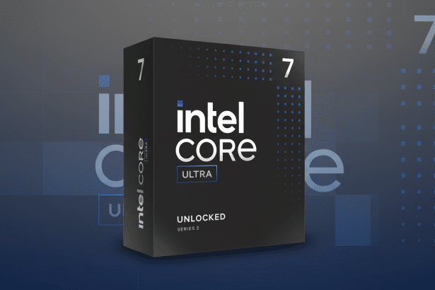 A 16:9 aspect ratio image of an Intel Core Ultra processor box against a professional flat design background with soft blue - grey patterns and gradients. Filename : intelcore ultrabox professional .png