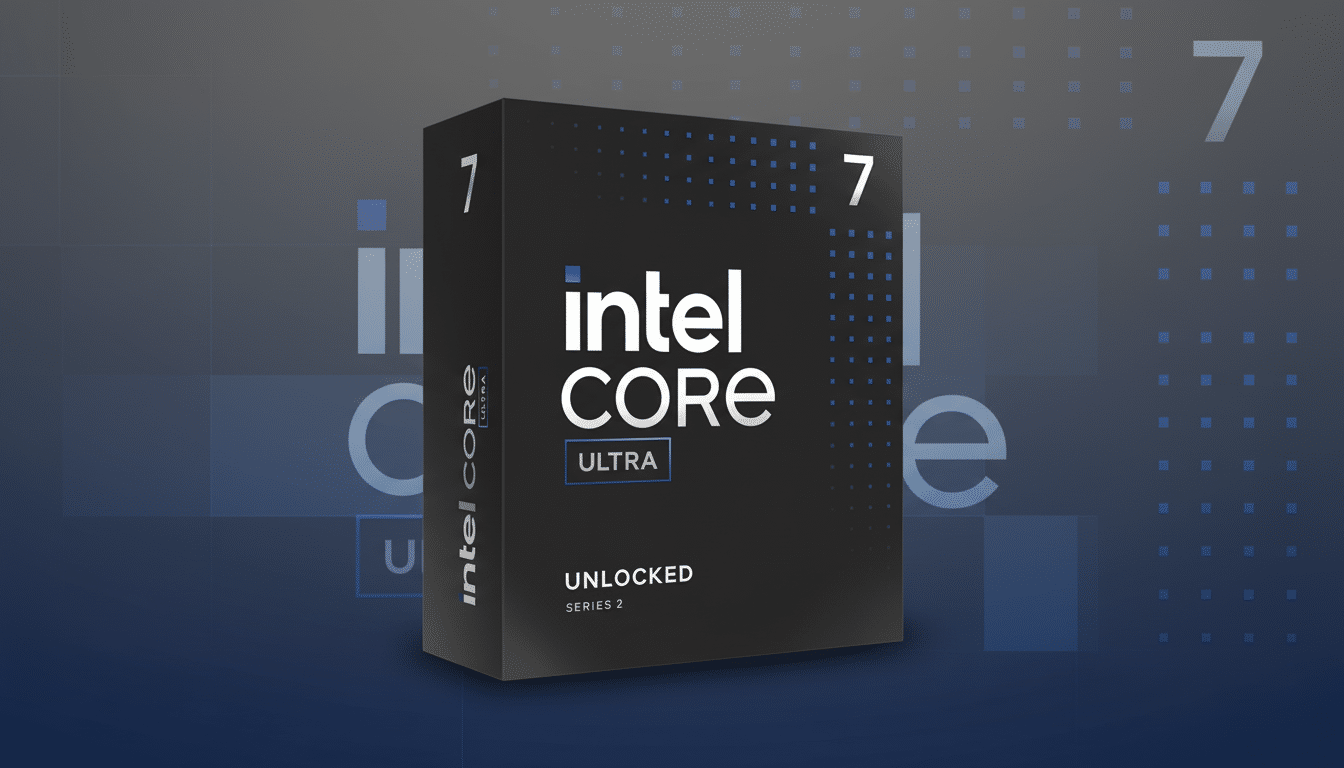 A 16:9 aspect ratio image of an Intel Core Ultra processor box against a professional flat design background with soft blue - grey patterns and gradients. Filename : intelcore ultrabox professional .png