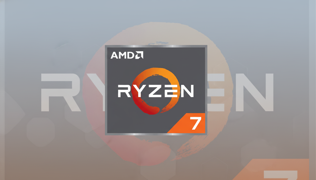 The AMD Ryzen 7 logo is centered on a professional flat design background with soft patterns and gradients, maintaining its original appearance while the background is subtly enhanced.