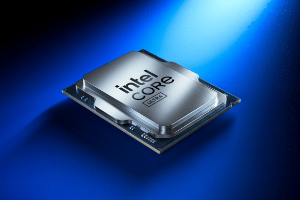 An Intel Core Ultra processor on a blue background , resized to a 16: 9 aspect ratio. Filename : intelcore ultraprocessor 16 9.png