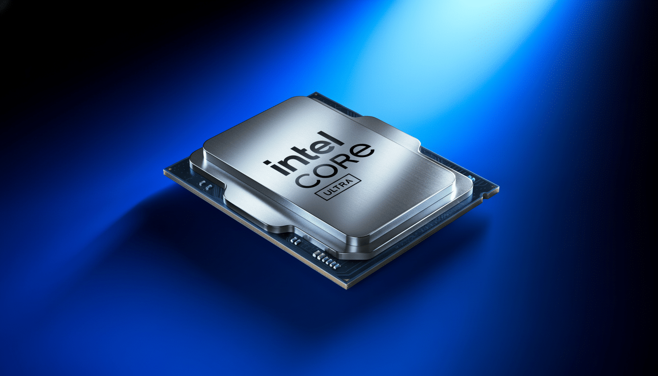 An Intel Core Ultra processor on a blue background , resized to a 16: 9 aspect ratio. Filename : intelcore ultraprocessor 16 9.png