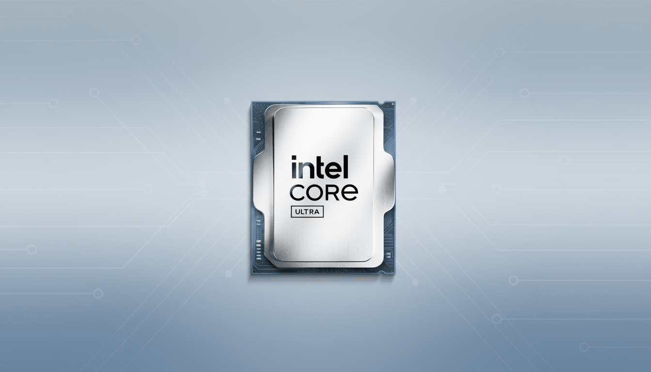 A 16: 9 aspect ratio image of an Intel Core Ultra processor against a professional light blue- gray background with subtle circuit - like patterns.