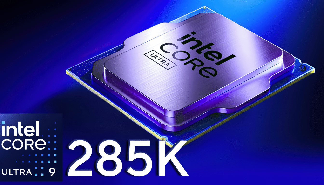 An enhanced, wide - angle shot of an Intel Core Ultra processor on a blue background, with Intel Core Ultra 9 28 5K text