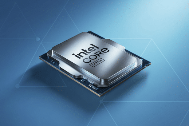 An Intel Core Ultra processor on a professional flat design background with soft patterns in a 16: 9 aspect ratio.