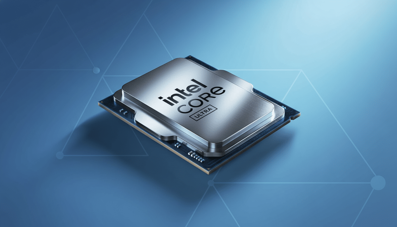An Intel Core Ultra processor on a professional flat design background with soft patterns in a 16: 9 aspect ratio.