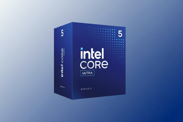 An Intel Core Ultra Series 2 processor box, primarily blue with white text and accents , presented on a professional blue gradient background with subtle hexagonal patterns, resized to a 1 6:9 aspect ratio. Filename : intelcore ultraseries 2processor box.png