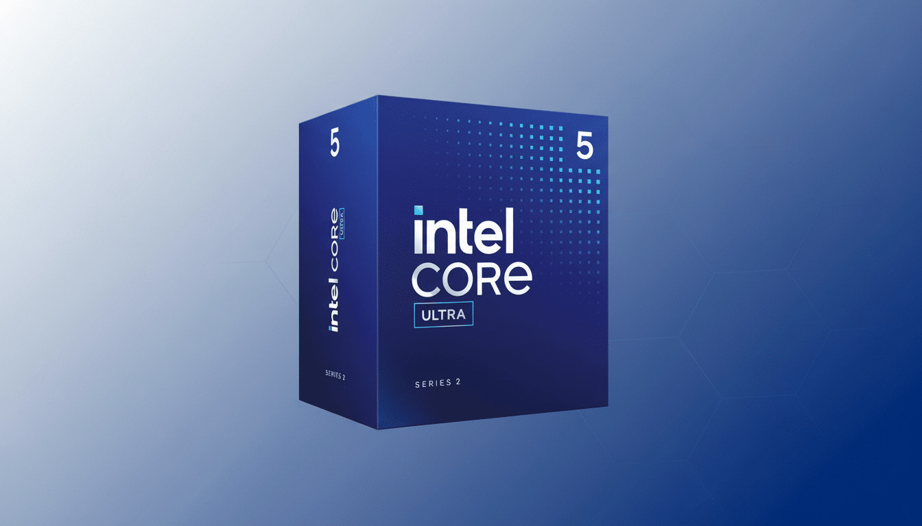 An Intel Core Ultra Series 2 processor box, primarily blue with white text and accents , presented on a professional blue gradient background with subtle hexagonal patterns, resized to a 1 6:9 aspect ratio. Filename : intelcore ultraseries 2processor box.png