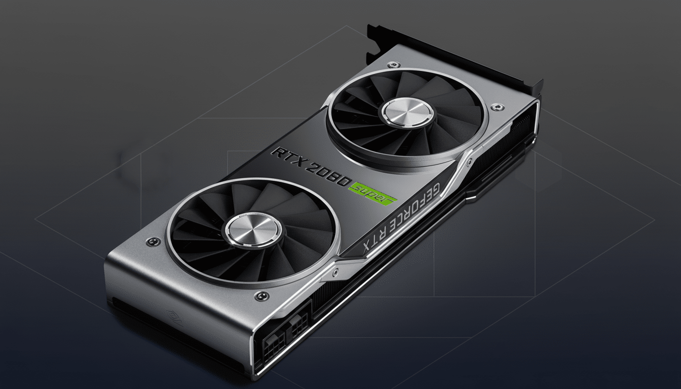 An NVIDIA RTX 208 0 Super graphics card is presented on a professional flat design background with a subtle geometric pattern and soft gradient. Filename : nvidia rtx 2080 super1 69. png